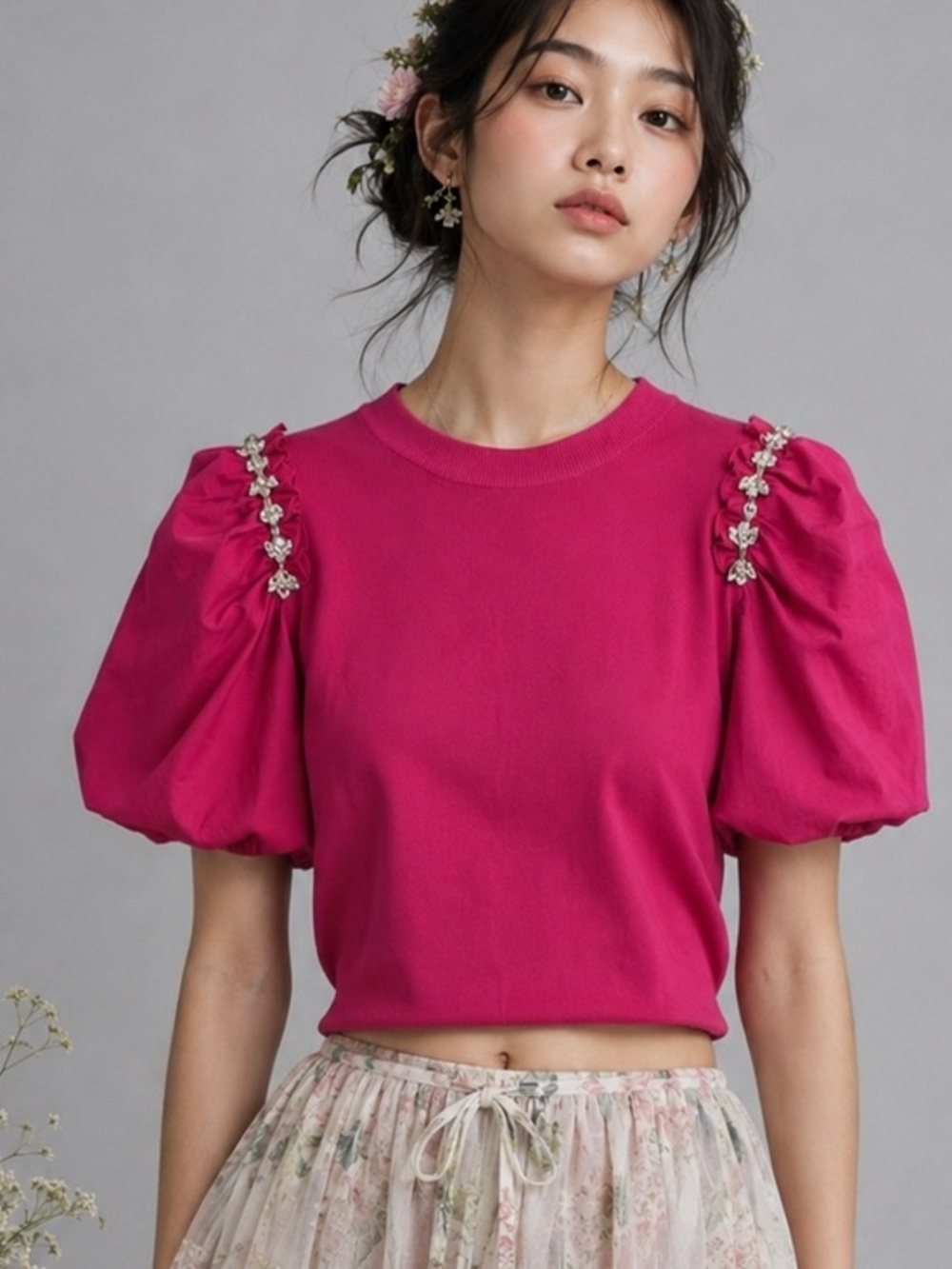 Ontwelfth Hot Pink Embellished Puff Sleeve Sweater Top Rhinestone embellished